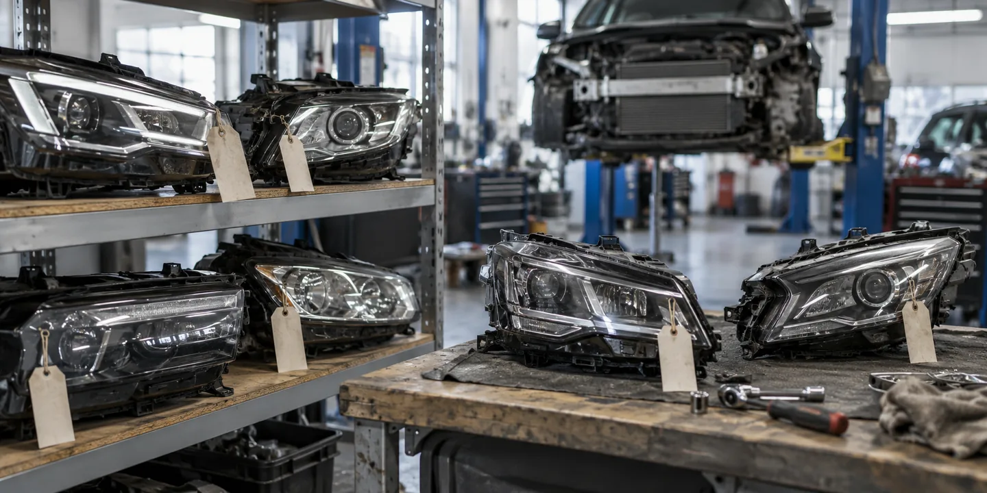 Scheinwerfer-Instandsetzung für Werkstätten: mehrere ausgebaute Scheinwerfer auf einem Werkstattregal