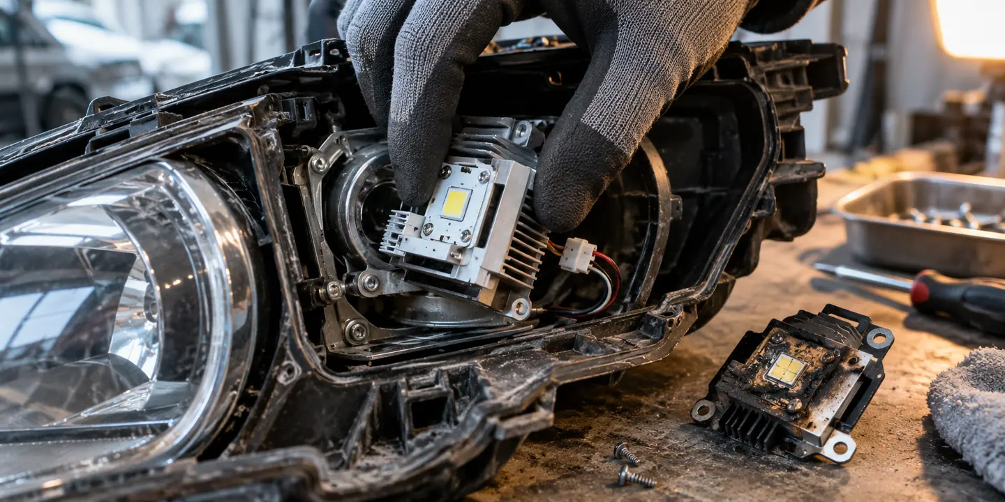 LED-Scheinwerfer reparieren: neue LED-Platine mit Kühlkörper neben dem geöffneten Scheinwerfer