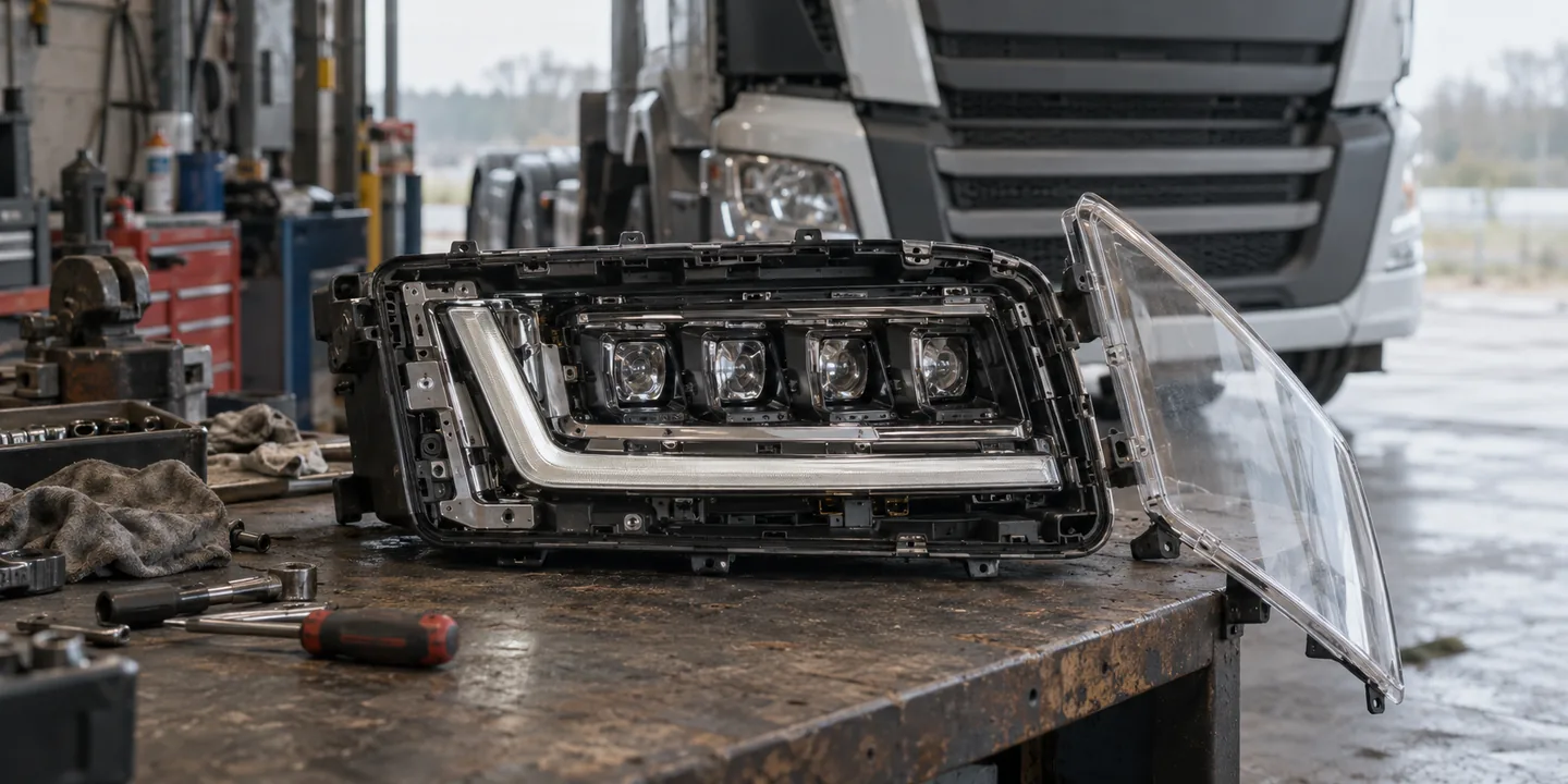LKW-Scheinwerfer-Reparatur: großer LED-Scheinwerfer eines Lastwagens auf der Werkbank