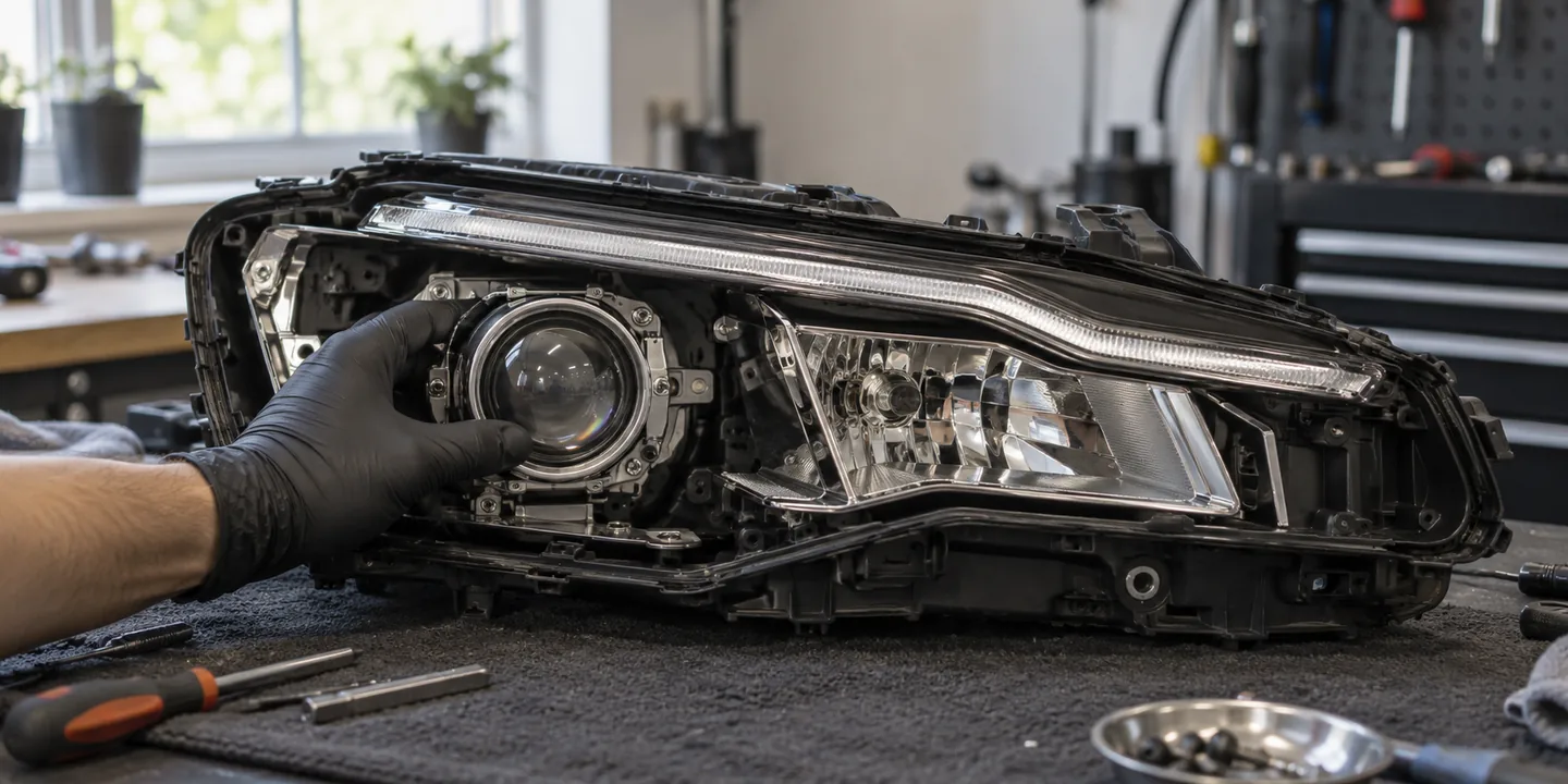 Geöffneter Xenon-Scheinwerfer des Audi A6 C7 mit Projektionslinse