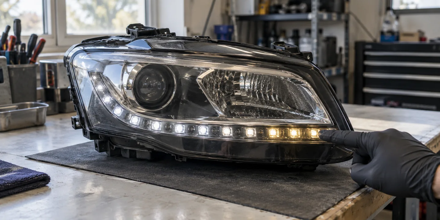 Ausgebauter Scheinwerfer des Audi Q5 8R: Tagfahrlicht nur noch teilweise hell