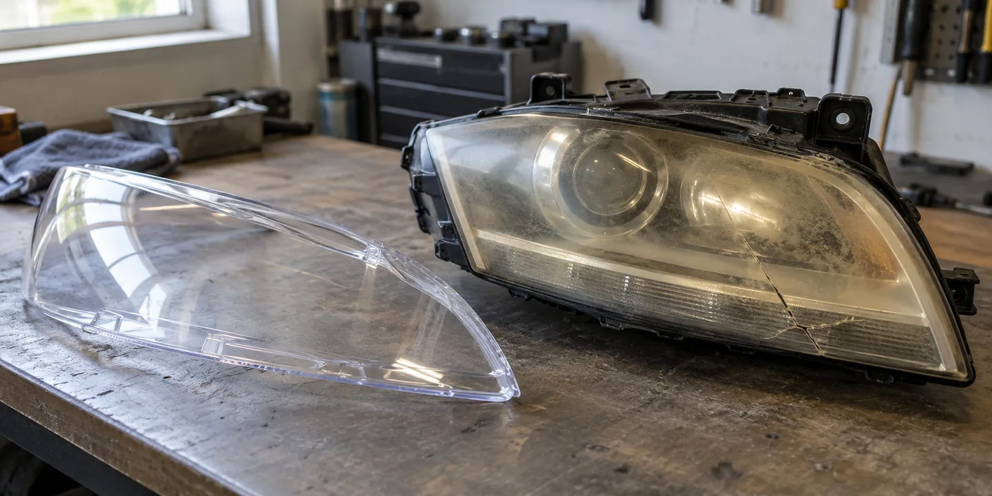 Scheinwerfer des Audi TT 8J mit vergilbtem, gerissenem Glas, daneben das neue Scheinwerferglas