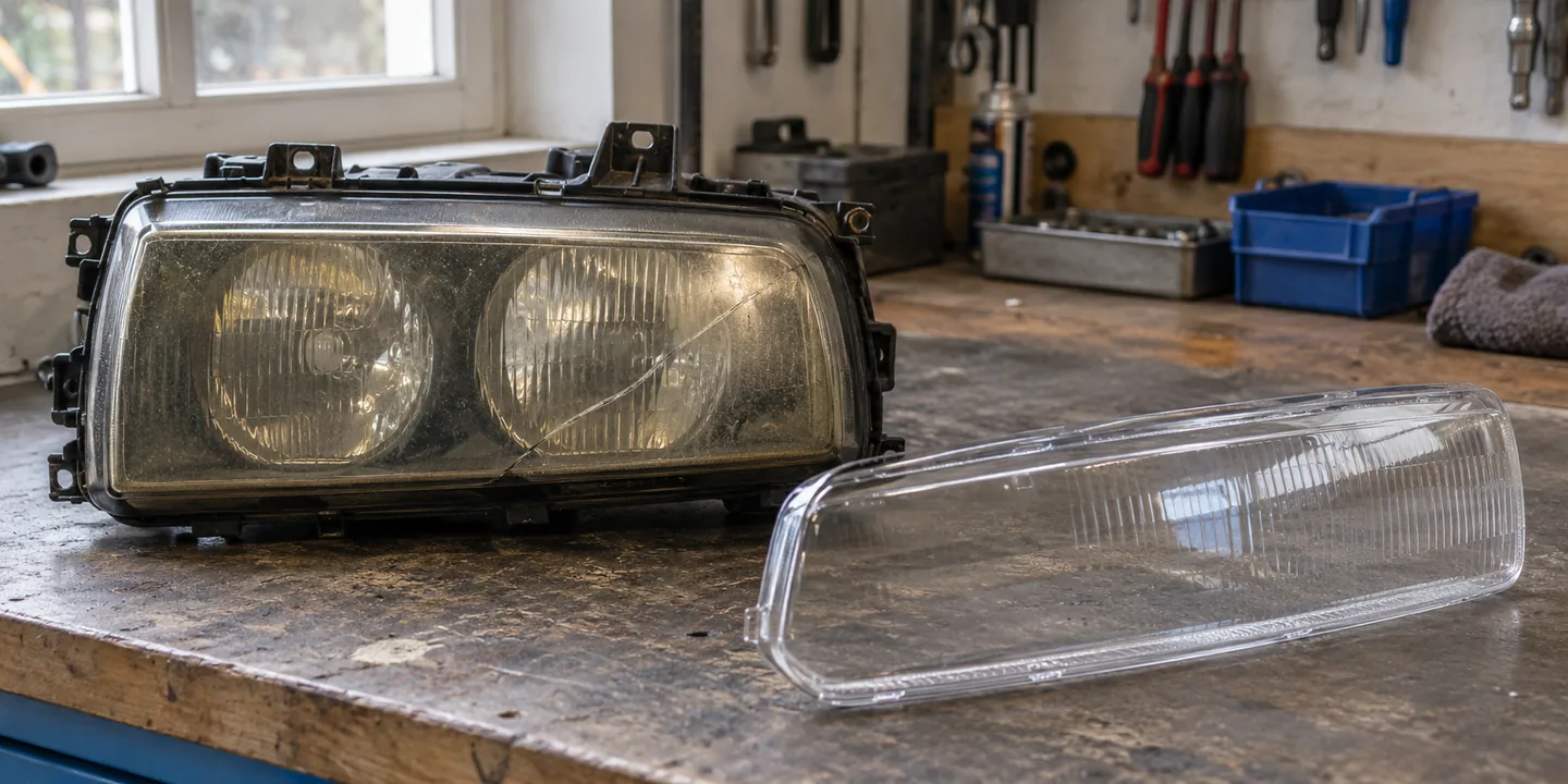 Scheinwerfer des BMW E36 mit vergilbtem, gerissenem Glas, daneben das neue Scheinwerferglas