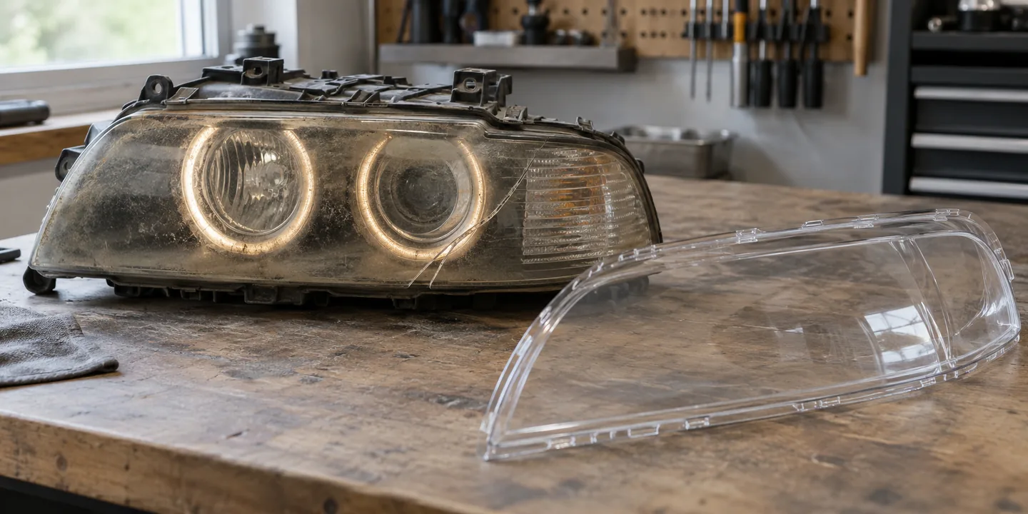 Scheinwerfer des BMW E39 mit vergilbtem, gerissenem Glas, daneben das neue Scheinwerferglas