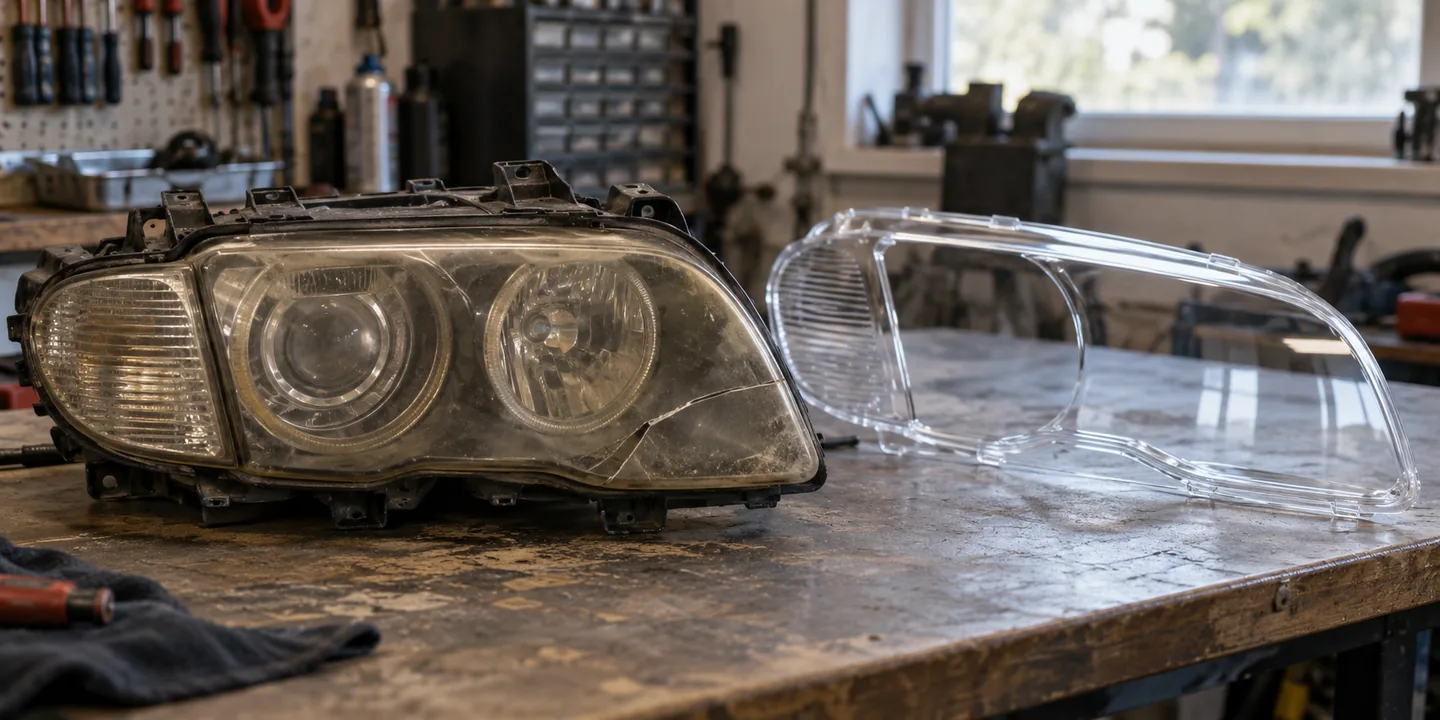 Scheinwerfer des BMW E46 mit vergilbtem, gerissenem Glas, daneben das neue Scheinwerferglas