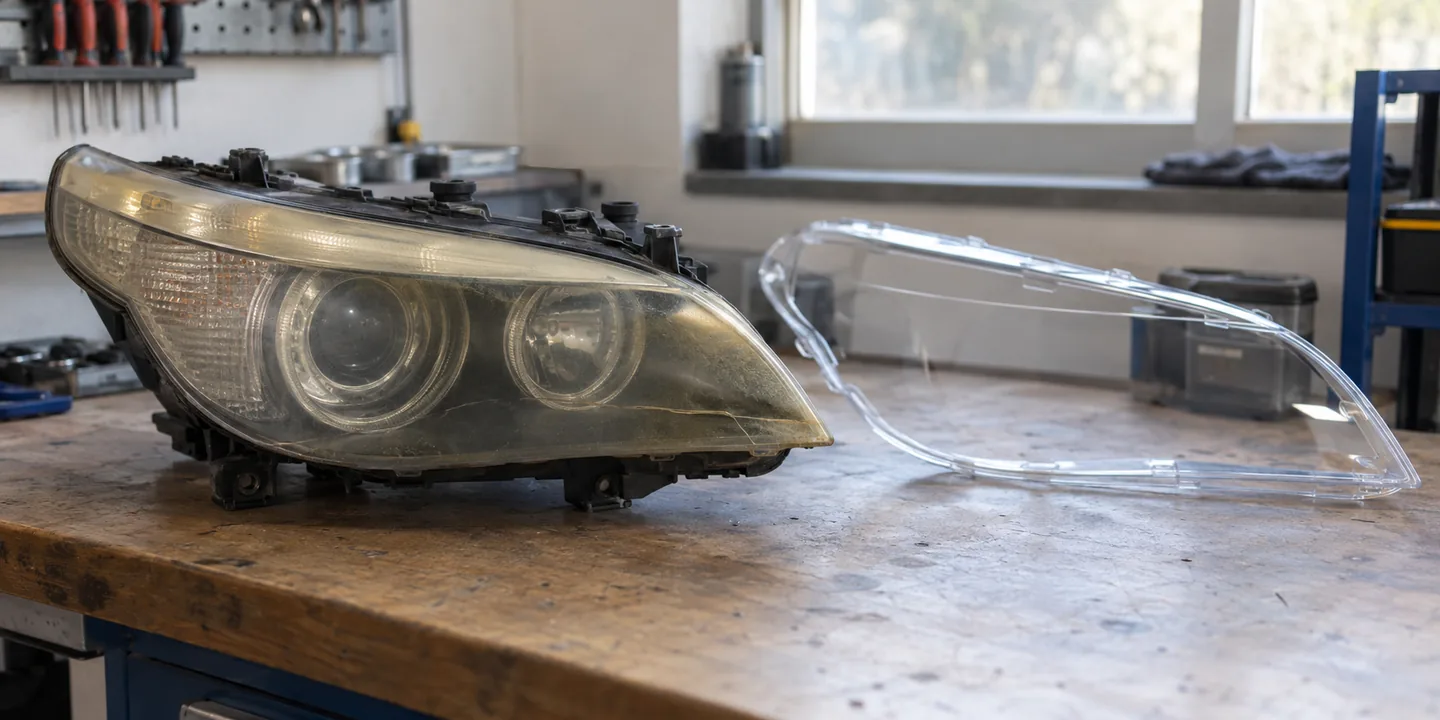 Scheinwerfer des BMW E60 mit vergilbtem, gerissenem Glas, daneben das neue Scheinwerferglas
