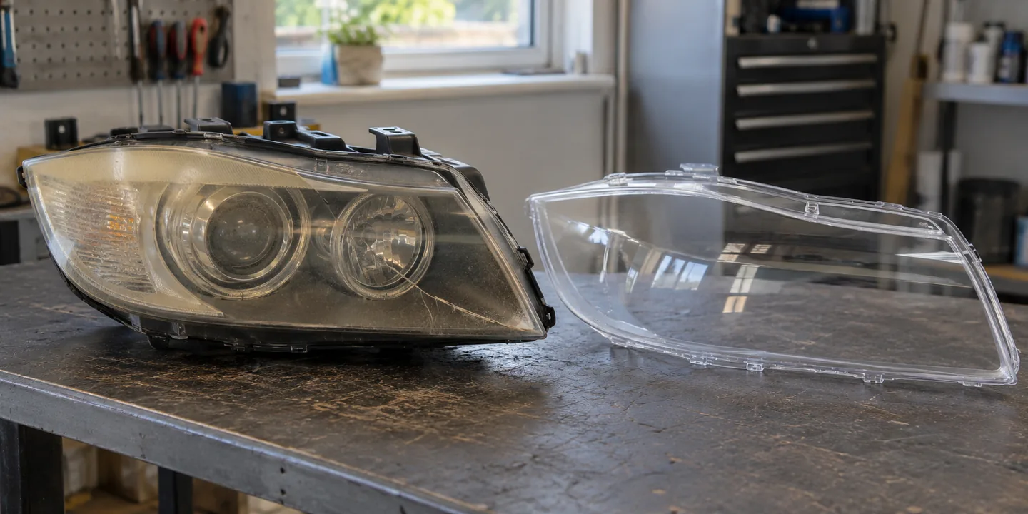Scheinwerfer des BMW E90 mit vergilbtem, gerissenem Glas, daneben das neue Scheinwerferglas