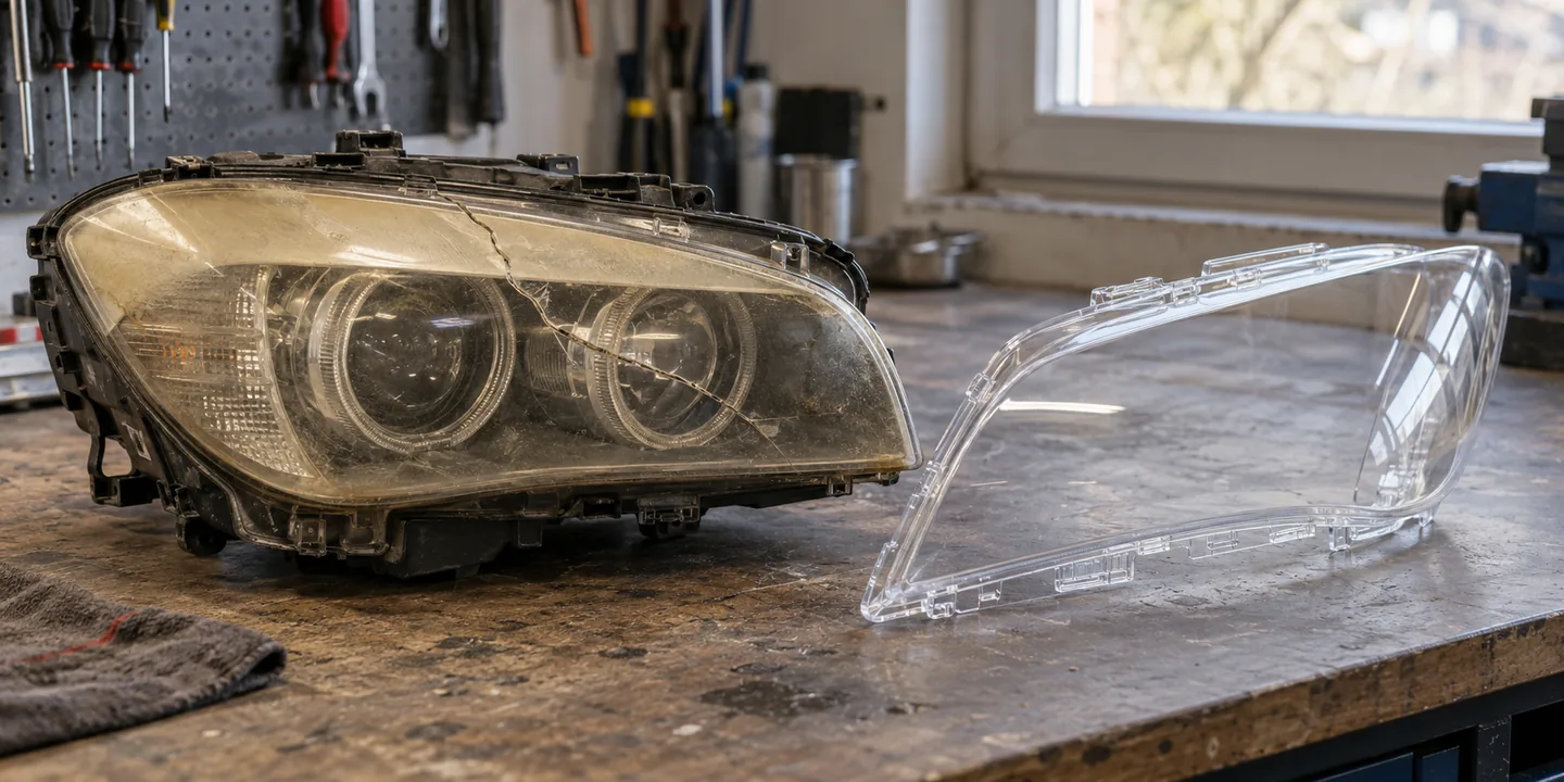 Scheinwerfer des BMW X1 E84 mit vergilbtem, gerissenem Glas, daneben das neue Scheinwerferglas