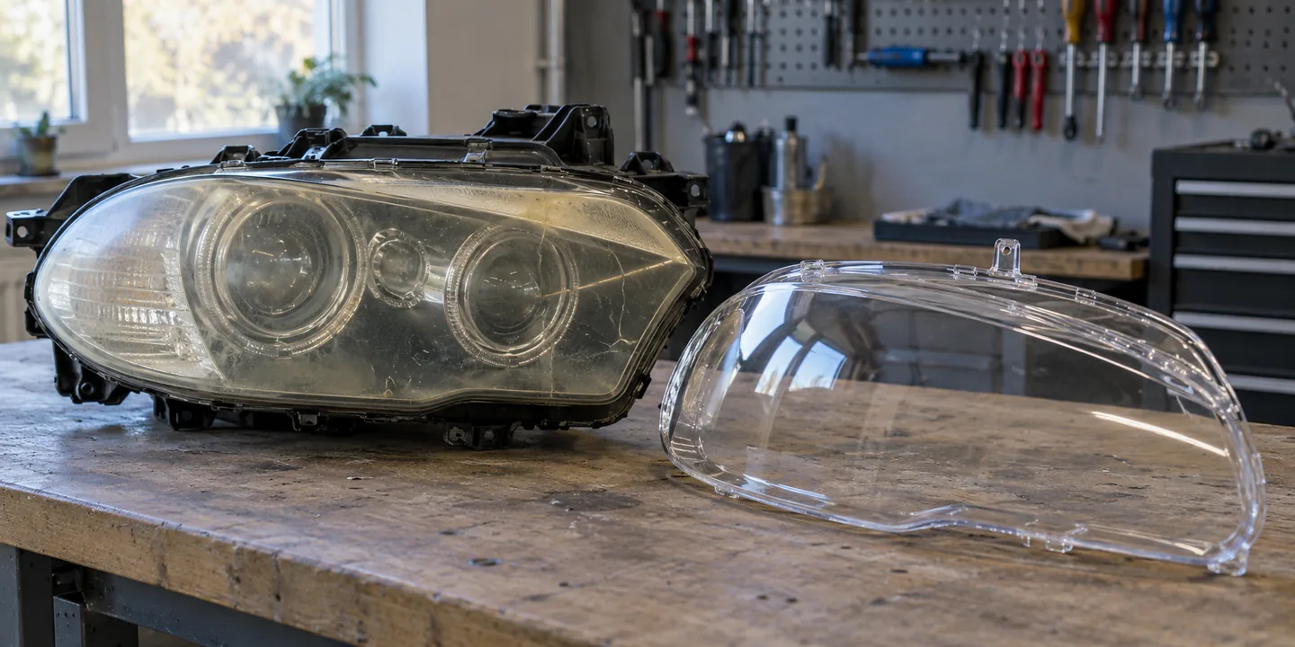 Scheinwerfer des BMW X5 E70 mit vergilbtem, gerissenem Glas, daneben das neue Scheinwerferglas