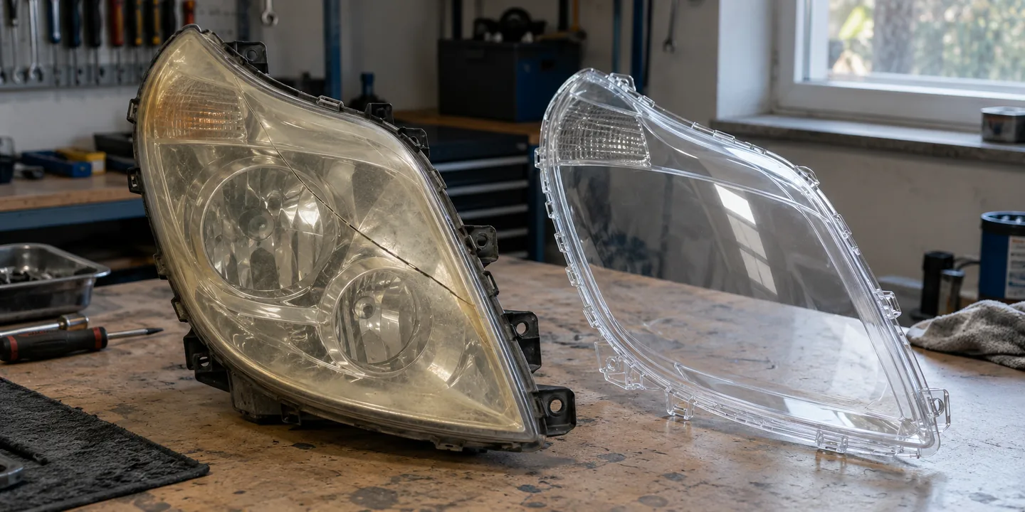 Scheinwerfer des Fiat Ducato 250 mit vergilbtem, gerissenem Glas, daneben das neue Scheinwerferglas