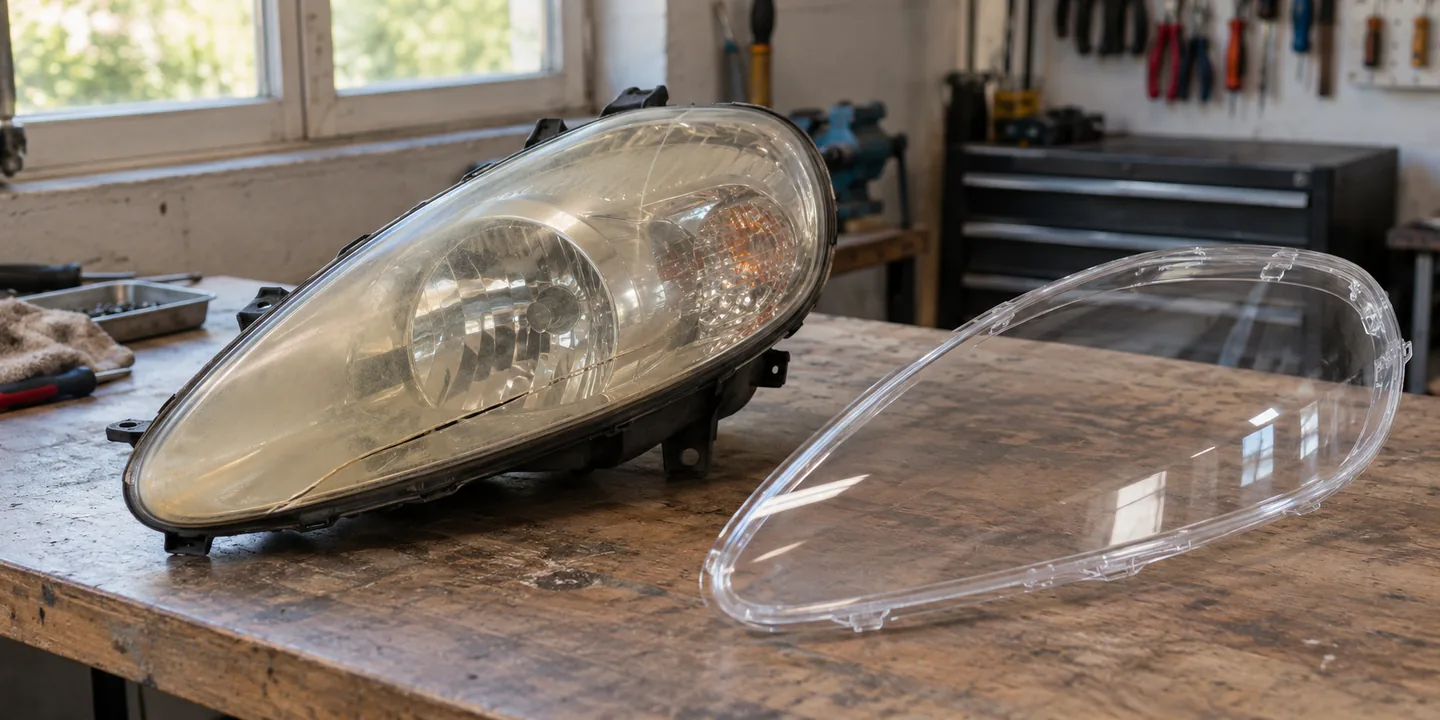 Scheinwerfer des Fiat Punto mit vergilbtem, gerissenem Glas, daneben das neue Scheinwerferglas