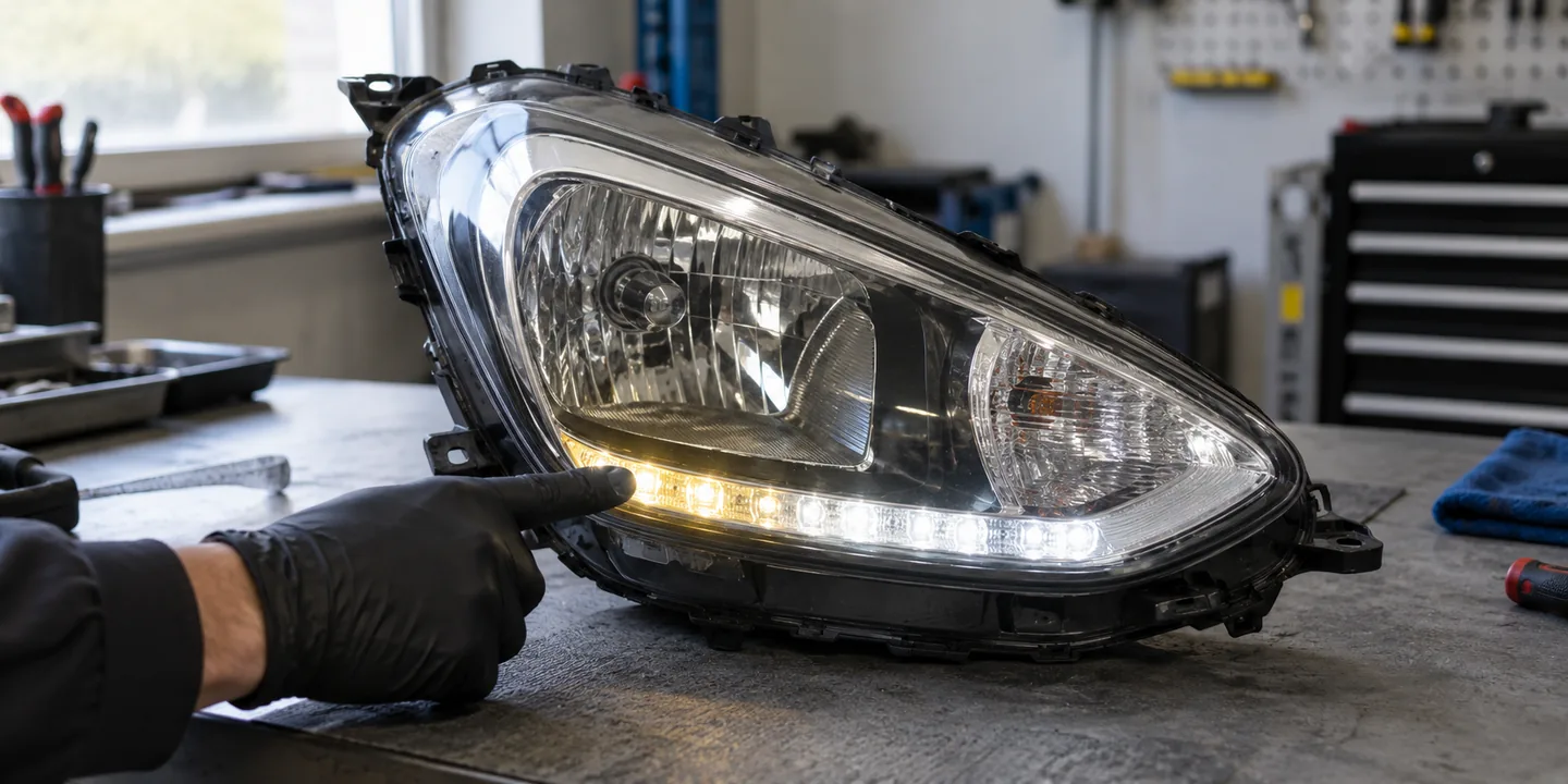 Ausgebauter Scheinwerfer des Hyundai i10: Tagfahrlicht nur noch teilweise hell