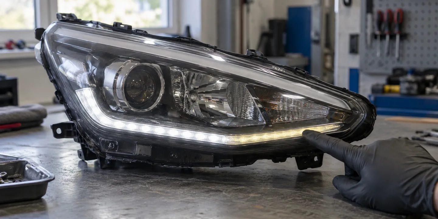 Ausgebauter Scheinwerfer des Hyundai i20: Tagfahrlicht nur noch teilweise hell