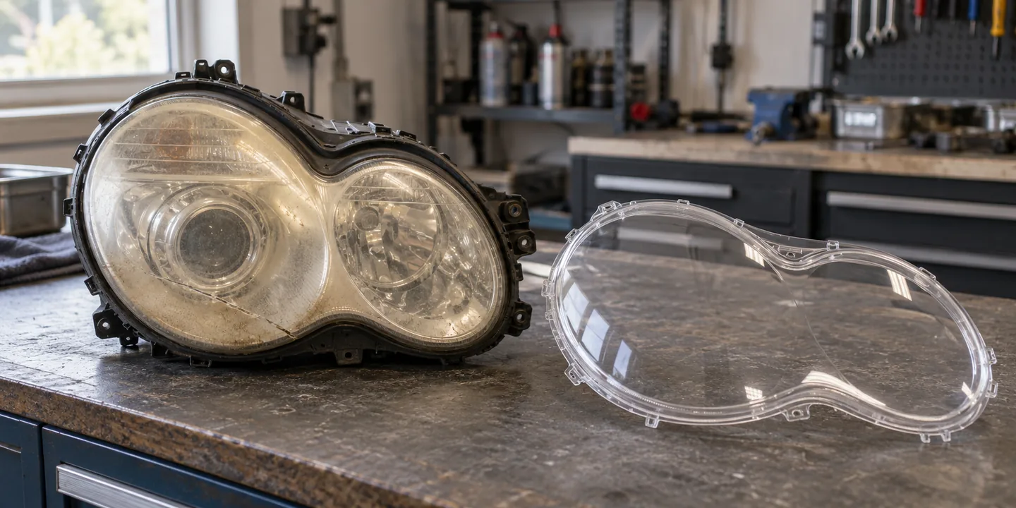 Scheinwerfer des Mercedes W203 mit vergilbtem, gerissenem Glas, daneben das neue Scheinwerferglas