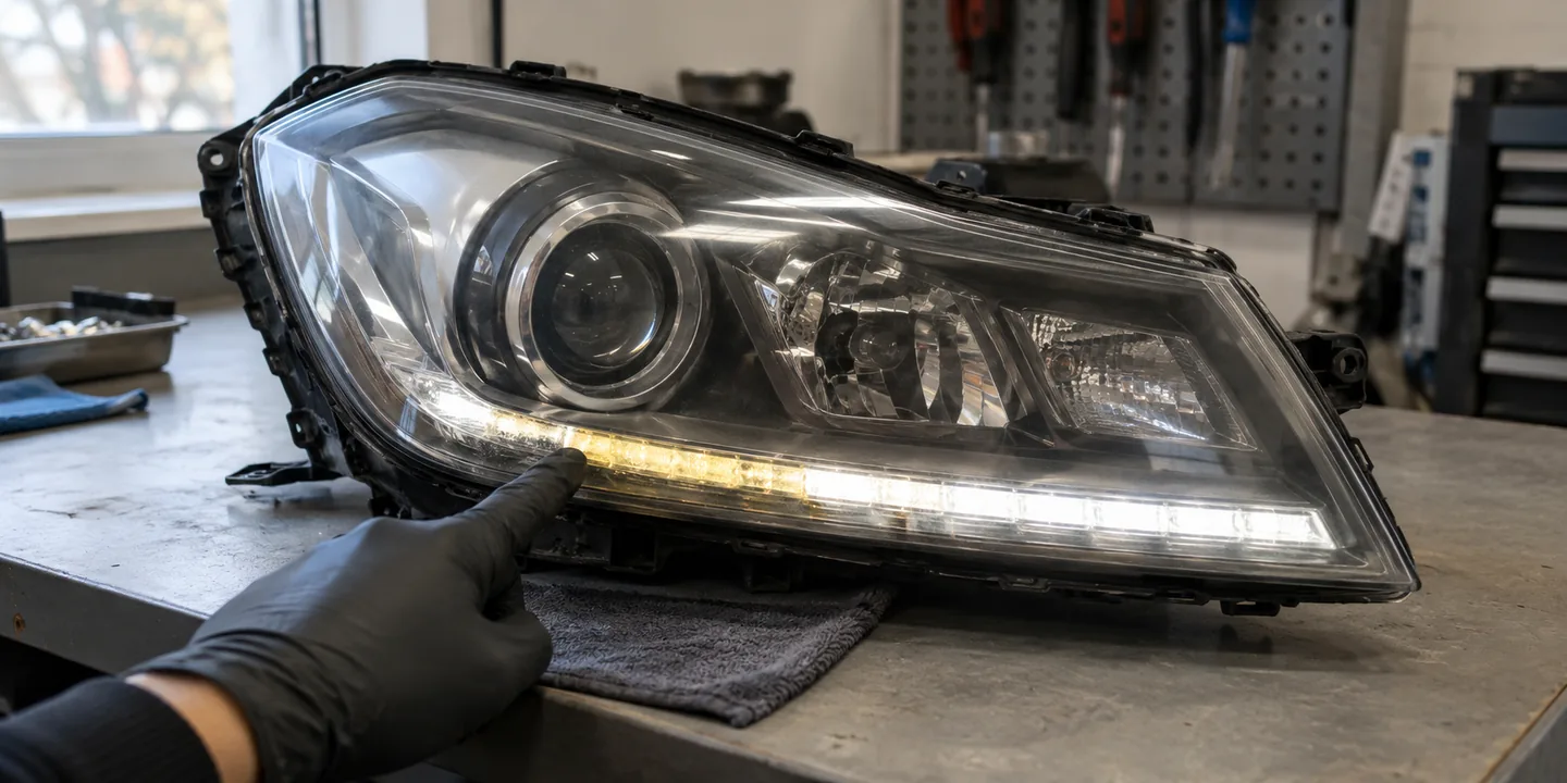 Ausgebauter Scheinwerfer des Mercedes W204: Tagfahrlicht nur noch teilweise hell