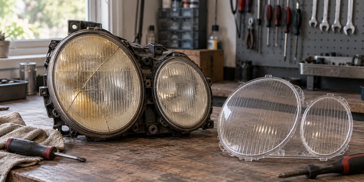 Scheinwerfer des Mercedes W210 mit vergilbtem, gerissenem Glas, daneben das neue Scheinwerferglas