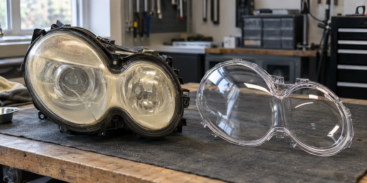 Scheinwerfer des Mercedes W211 mit vergilbtem, gerissenem Glas, daneben das neue Scheinwerferglas