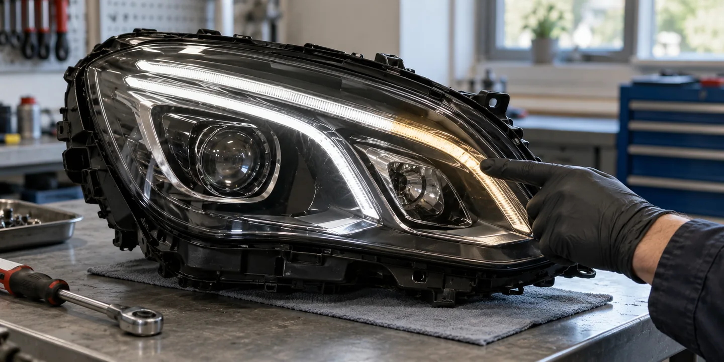 Ausgebauter Scheinwerfer des Mercedes W212: Tagfahrlicht nur noch teilweise hell