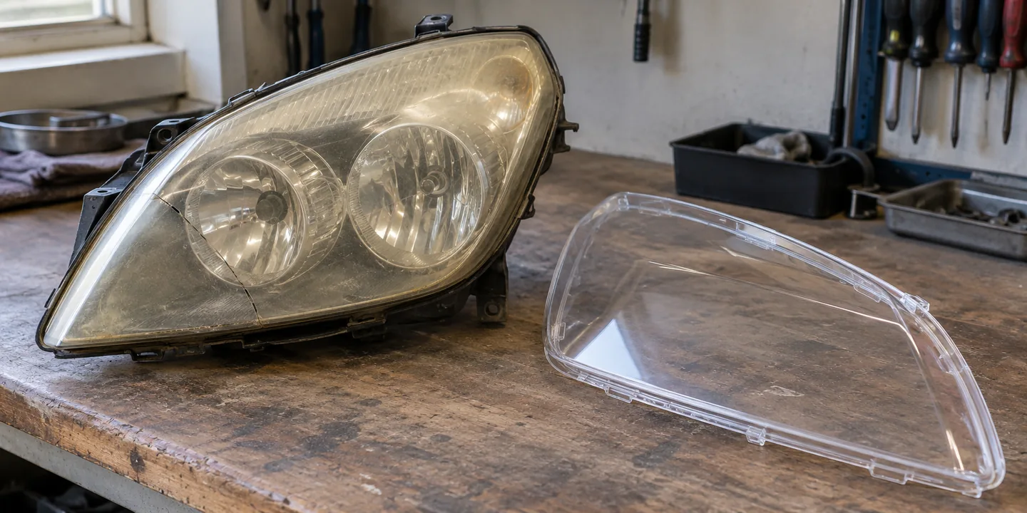 Scheinwerfer des Opel Astra H mit vergilbtem, gerissenem Glas, daneben das neue Scheinwerferglas