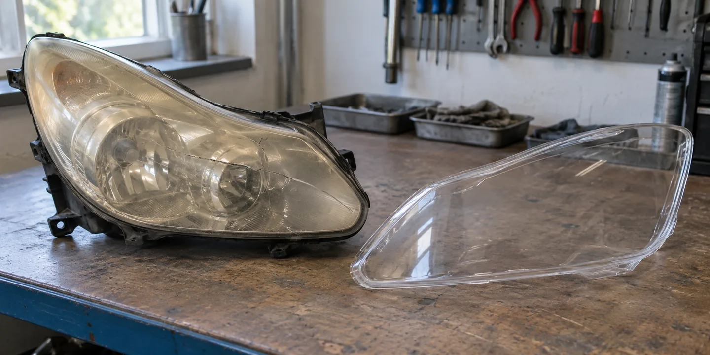 Scheinwerfer des Opel Corsa D mit vergilbtem, gerissenem Glas, daneben das neue Scheinwerferglas