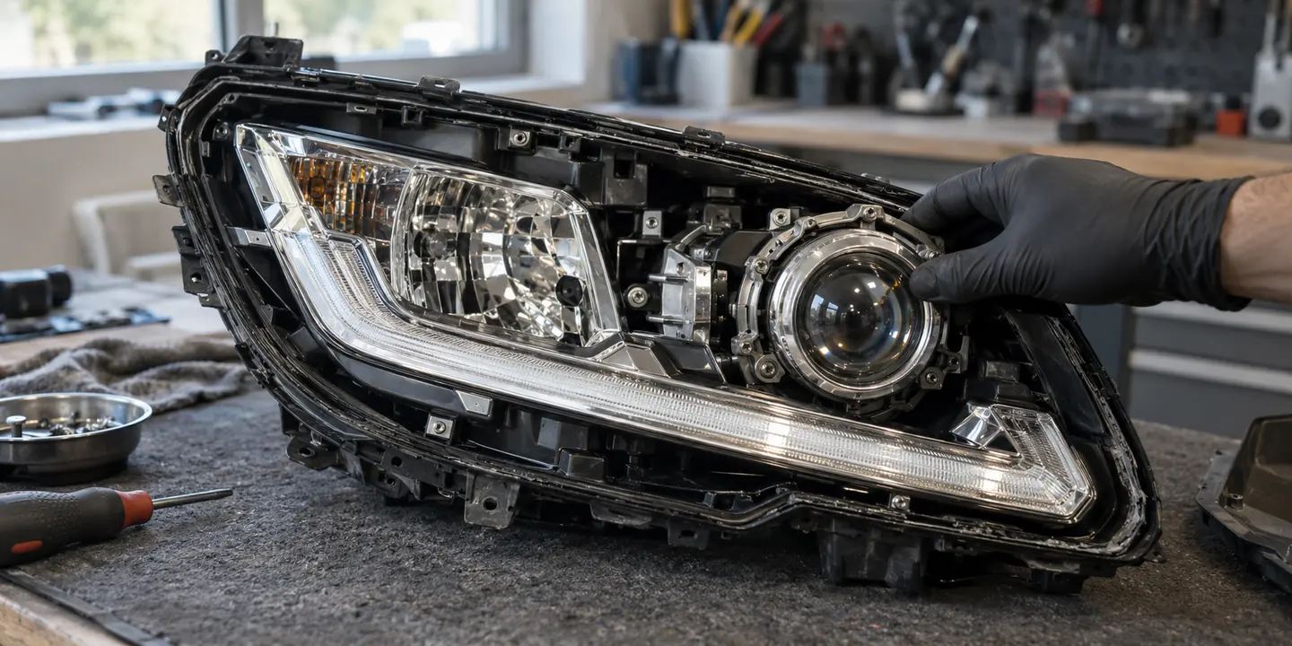 Geöffneter Xenon-Scheinwerfer des Opel Mokka mit Projektionslinse