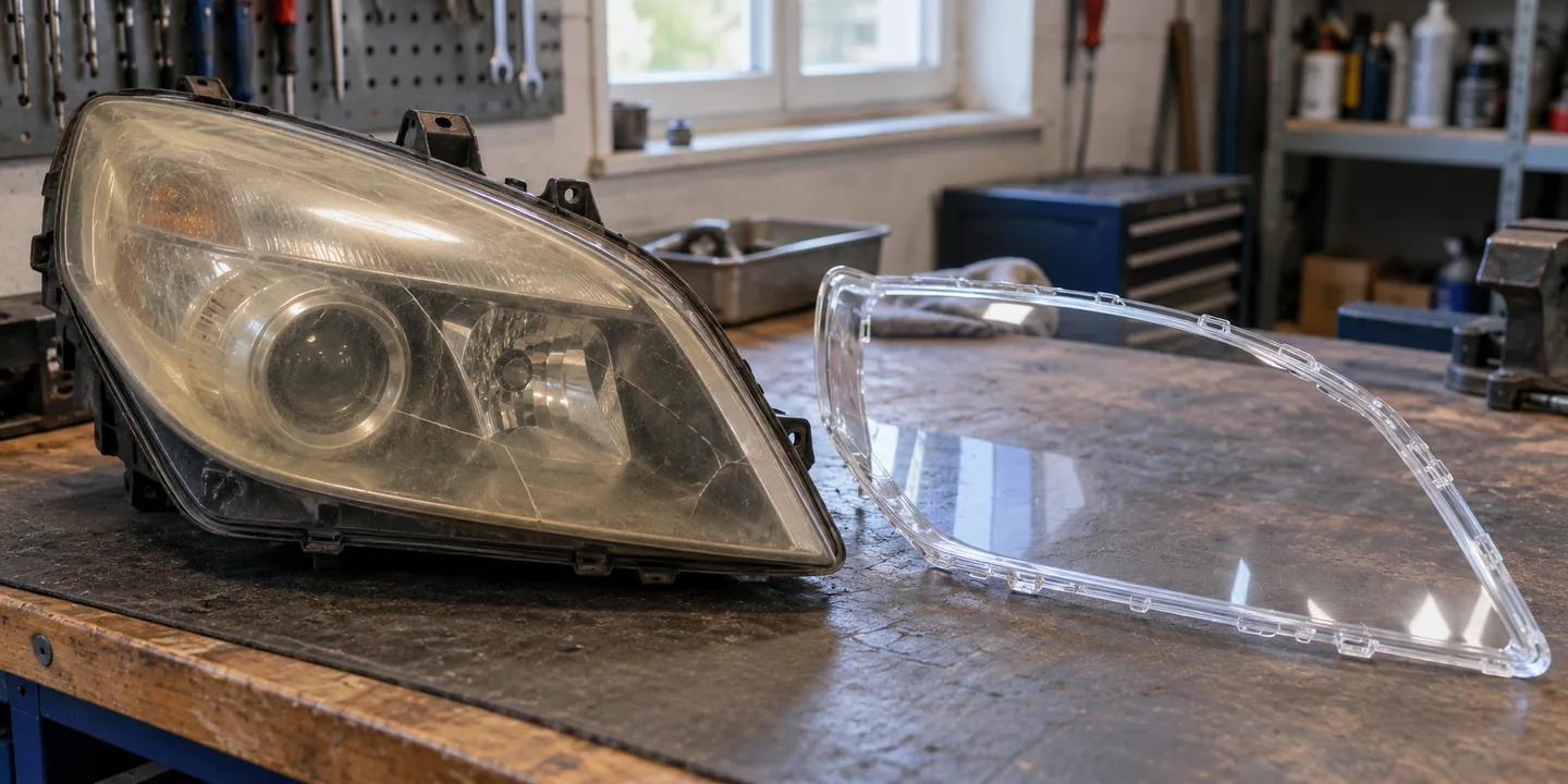 Scheinwerfer des Opel Vectra C mit vergilbtem, gerissenem Glas, daneben das neue Scheinwerferglas