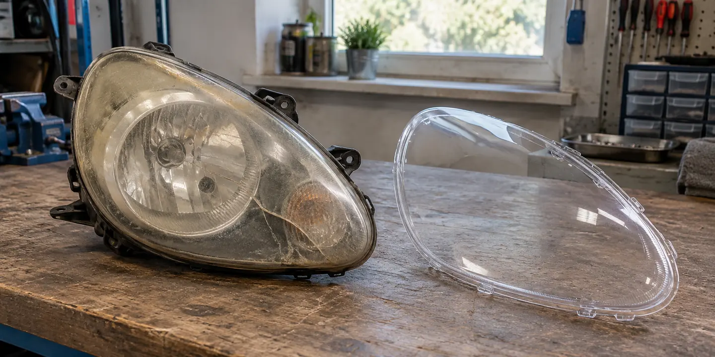 Scheinwerfer des Toyota Aygo mit vergilbtem, gerissenem Glas, daneben das neue Scheinwerferglas