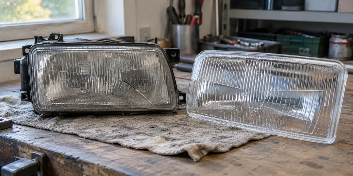 Scheinwerfer des VW Golf 3 mit vergilbtem, gerissenem Glas, daneben das neue Scheinwerferglas