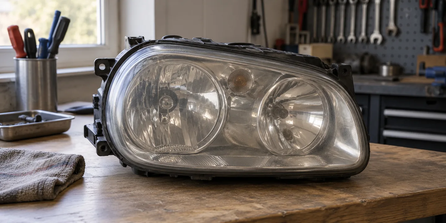 Ausgebauter Scheinwerfer des VW Golf 4 mit Klarglas und zwei Reflektoren