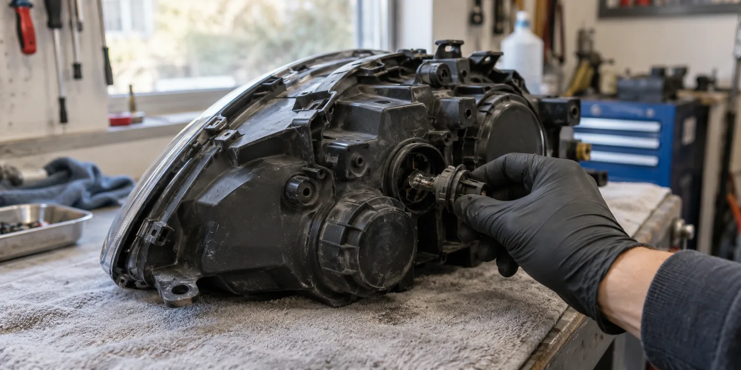 Ausgebauter Scheinwerfer des VW Golf 5: Lampenfassung des Tagfahrlichts wird geprüft