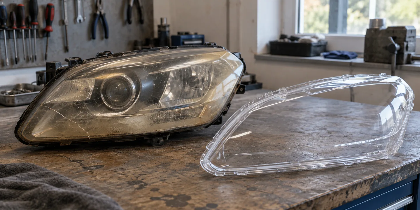 Scheinwerfer des VW Golf 6 mit vergilbtem, gerissenem Glas, daneben das neue Scheinwerferglas