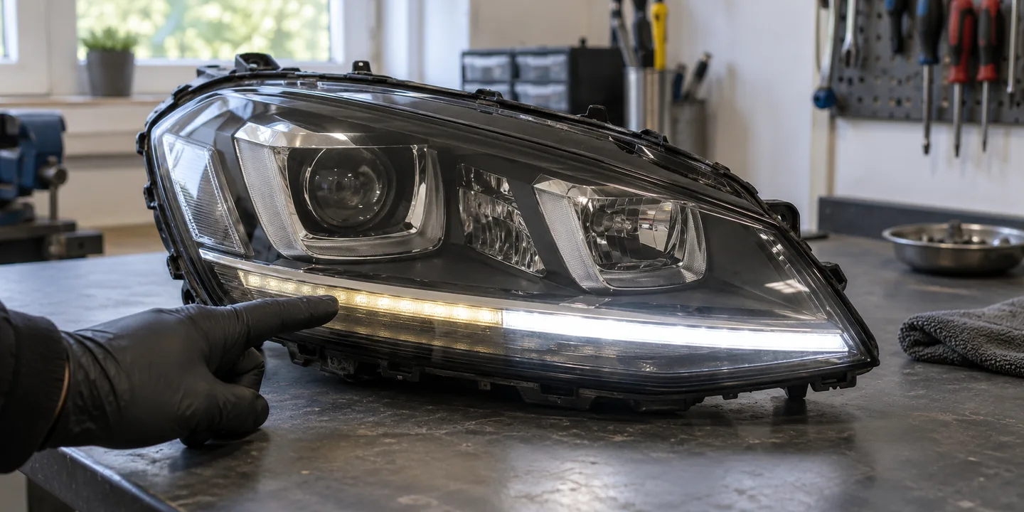 Ausgebauter Scheinwerfer des VW Golf 7: Tagfahrlicht nur noch teilweise hell