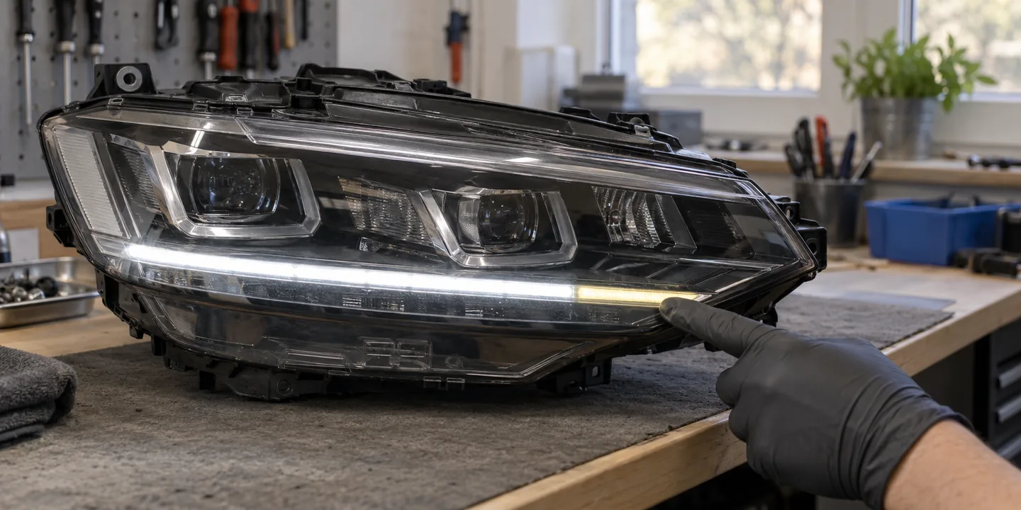Ausgebauter Scheinwerfer des VW Passat B8: Tagfahrlicht nur noch teilweise hell