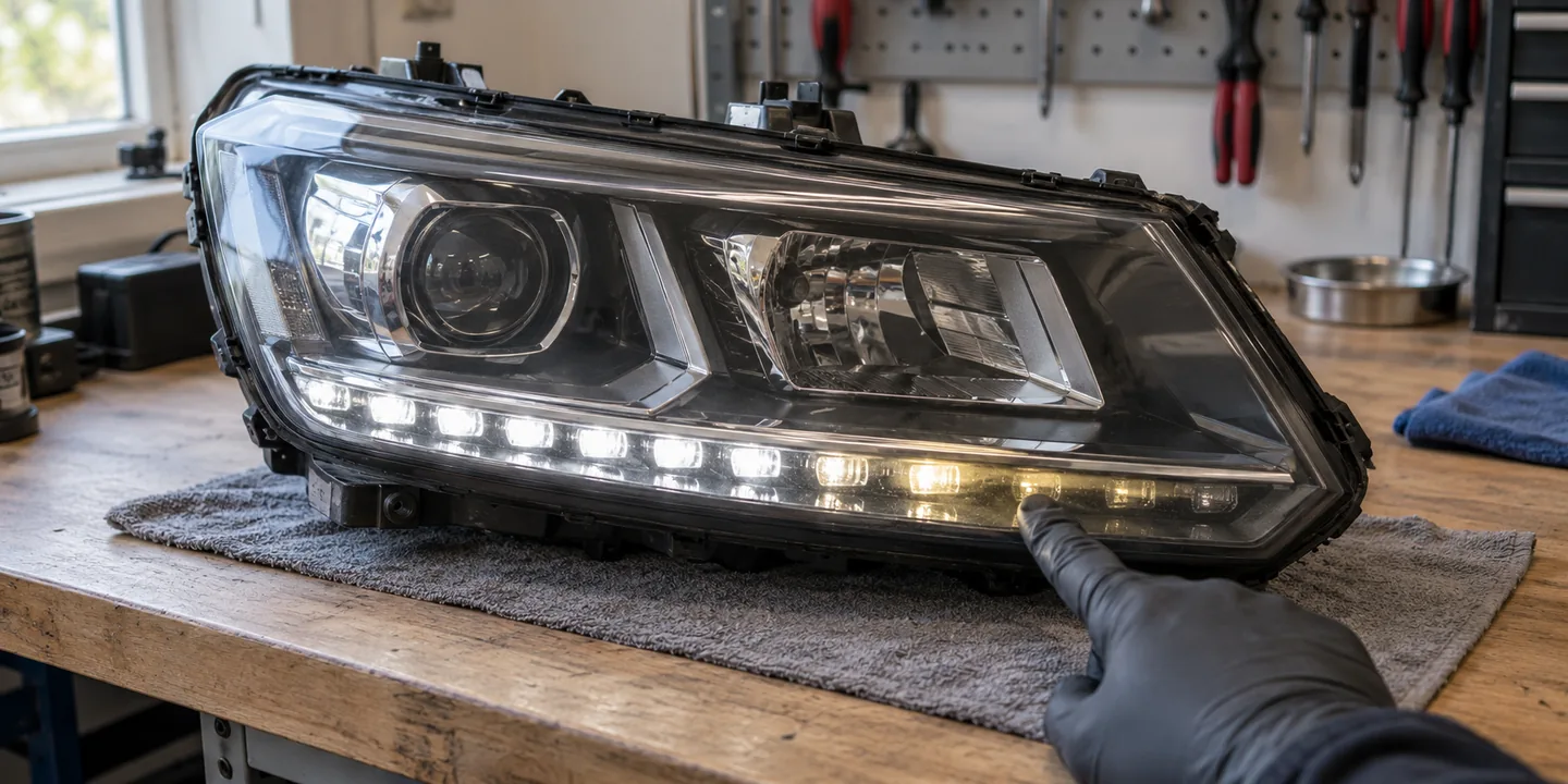 Ausgebauter Scheinwerfer des VW Tiguan 5N: Tagfahrlicht nur noch teilweise hell