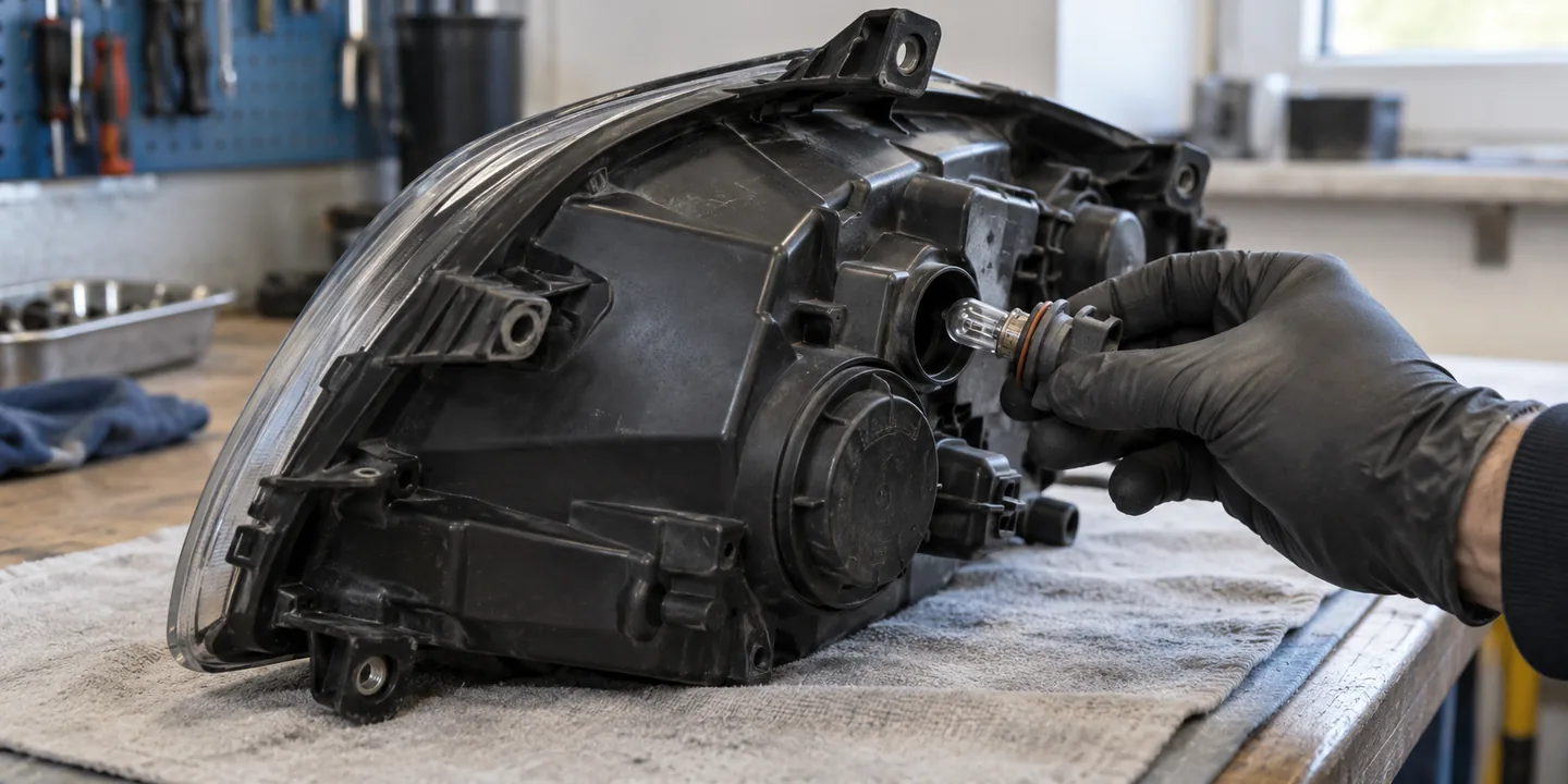 Ausgebauter Scheinwerfer des VW up!: Lampenfassung des Tagfahrlichts wird geprüft