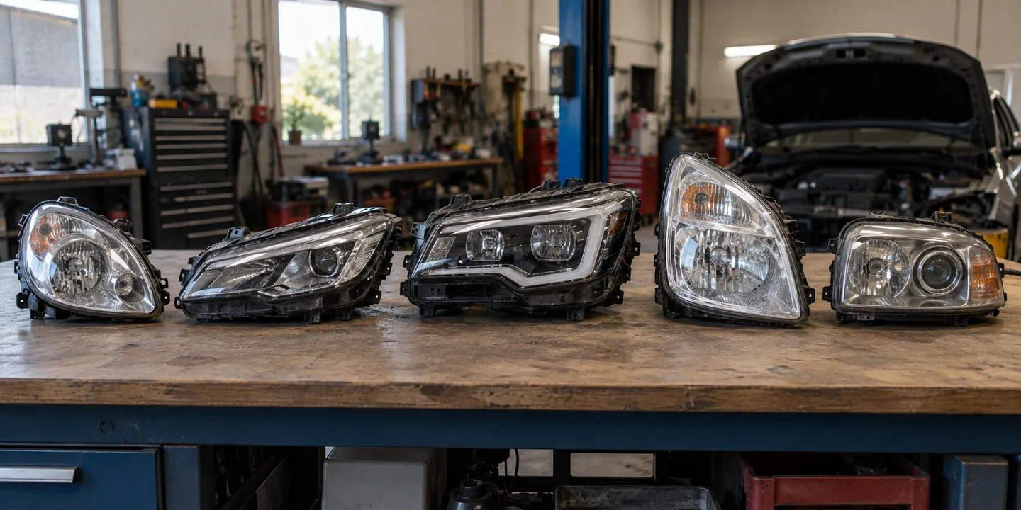 Scheinwerfer-Reparatur nach Modell: verschiedene Scheinwerfer unterschiedlicher Fahrzeugtypen nebeneinander