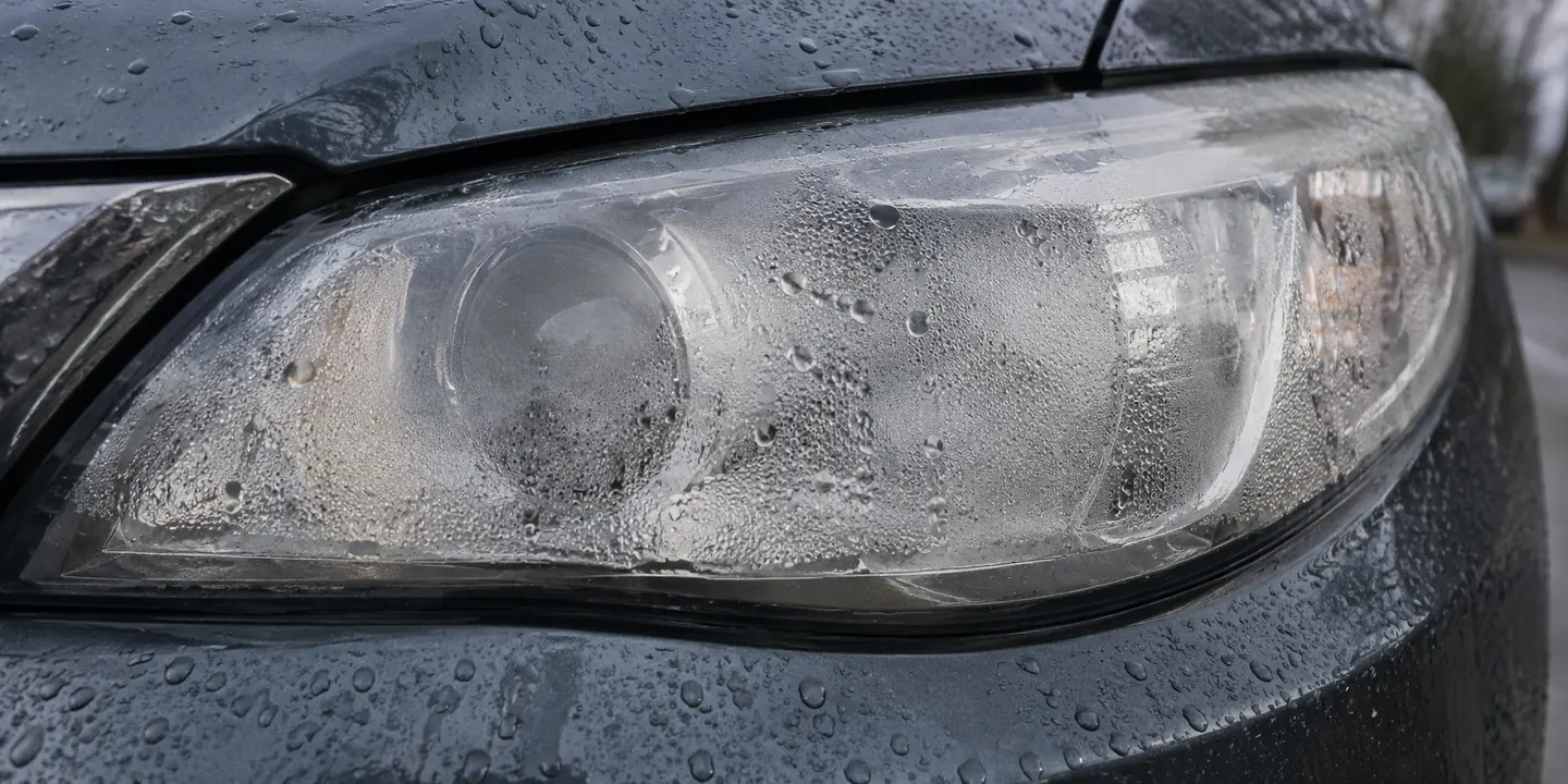Feuchtigkeit im Scheinwerfer: Kondenswasser und Tropfen innen am Glas eines eingebauten Scheinwerfers
