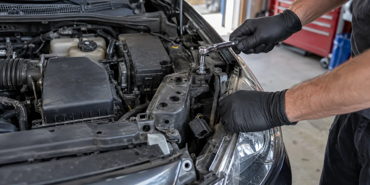 Scheinwerfer ausbauen: Hände lösen die Schrauben am Scheinwerfer bei geöffneter Motorhaube