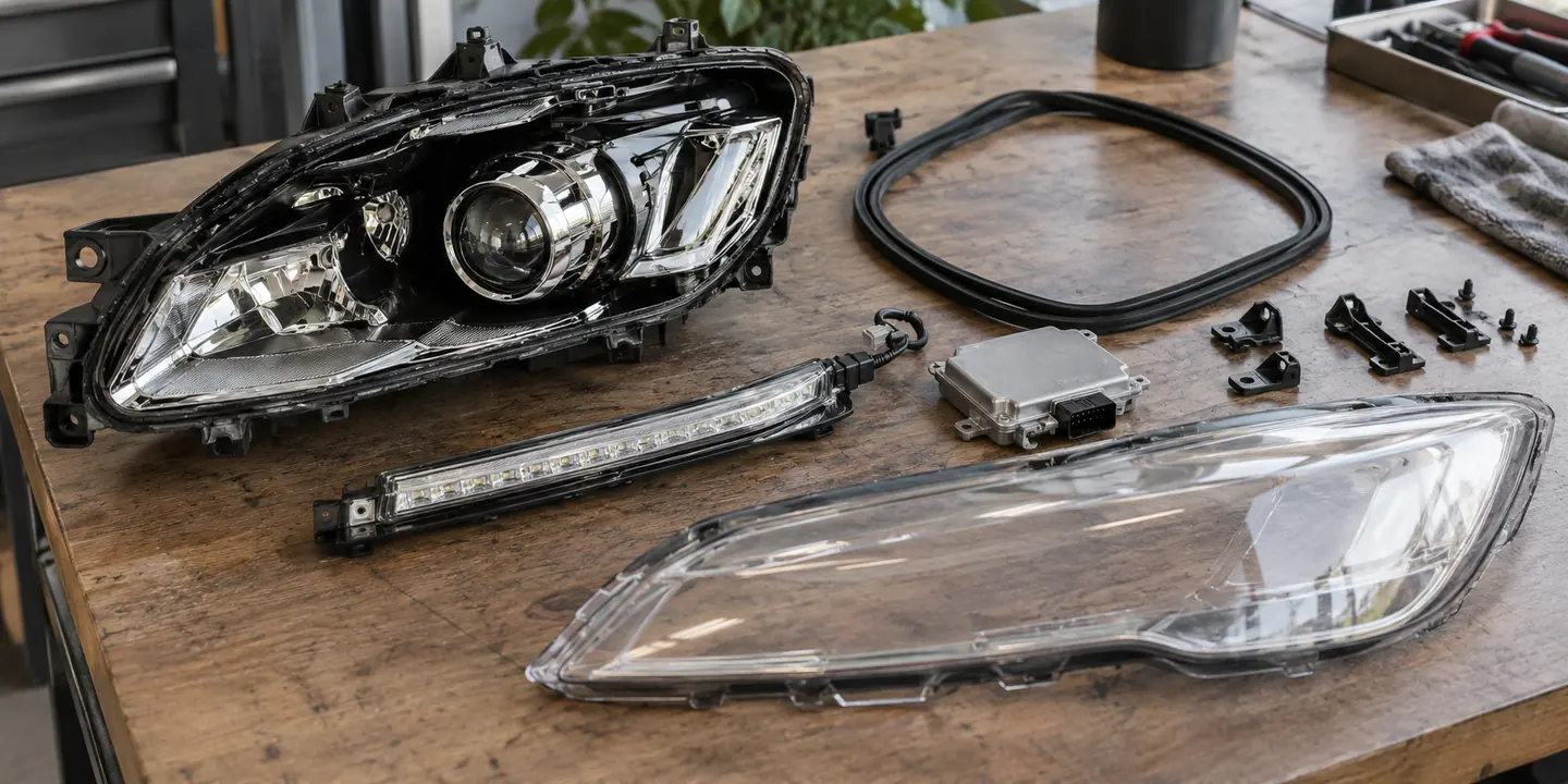 Was kostet eine Scheinwerfer-Reparatur: einzelne Ersatzteile eines Scheinwerfers neben dem geöffneten Gehäuse
