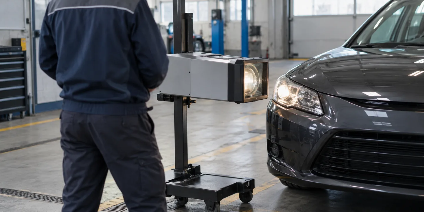 Scheinwerfer beim TÜV: Scheinwerfereinstellung wird mit einem Prüfgerät vor dem Auto kontrolliert