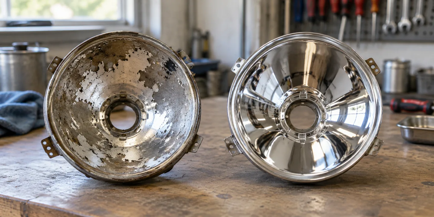 Reflektor neu verspiegeln: stumpfer, abgeblätterter Reflektor neben einem frisch verspiegelten