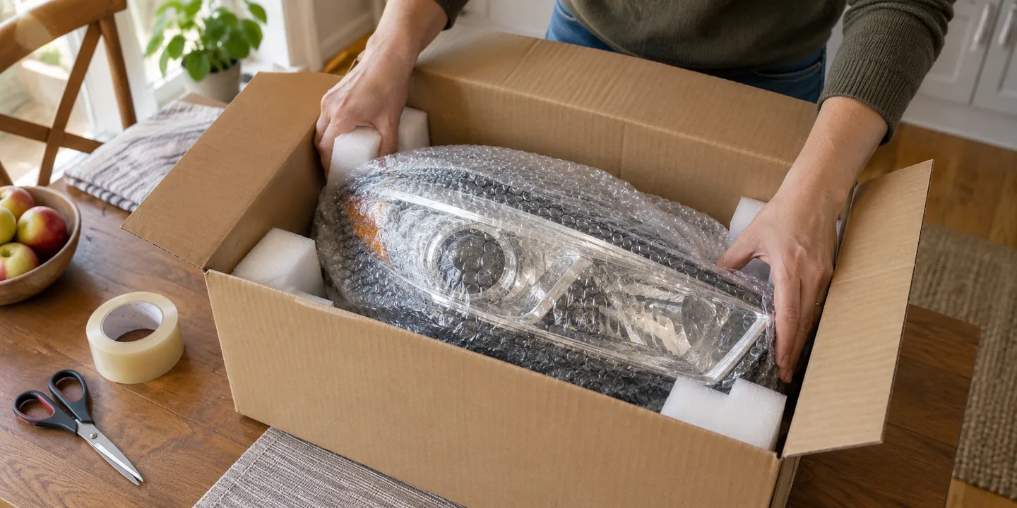 Scheinwerfer einschicken: ausgebauter Scheinwerfer wird gut gepolstert in einen Karton verpackt