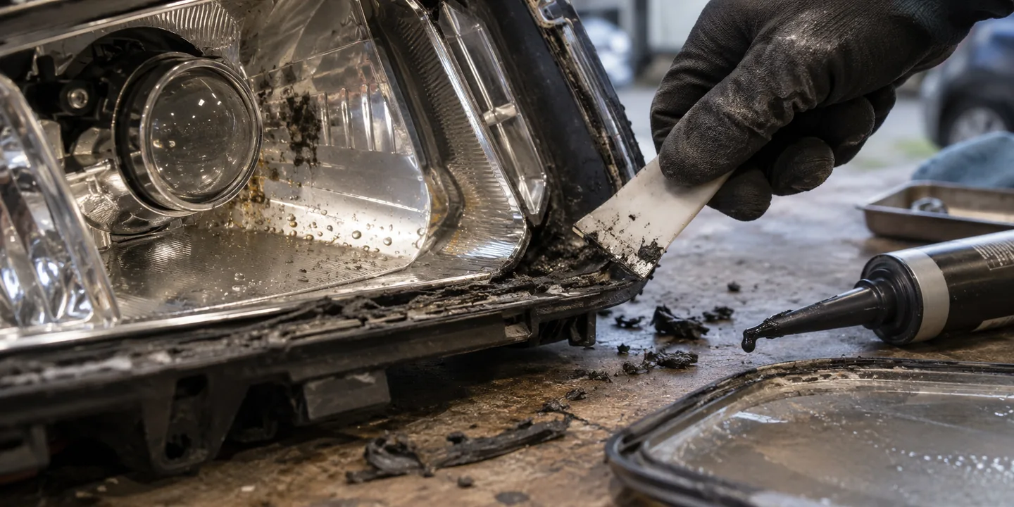 Undichten Scheinwerfer reparieren: alte Dichtung wird entfernt, Gehäuse wird neu abgedichtet
