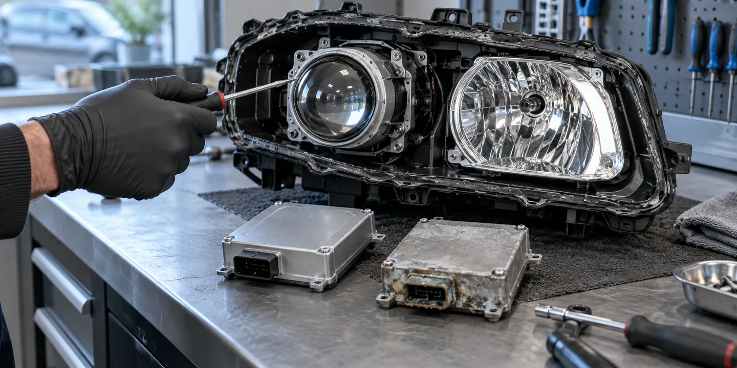 Xenon-Scheinwerfer reparieren: geöffneter Scheinwerfer mit Projektionslinse und neuem Vorschaltgerät